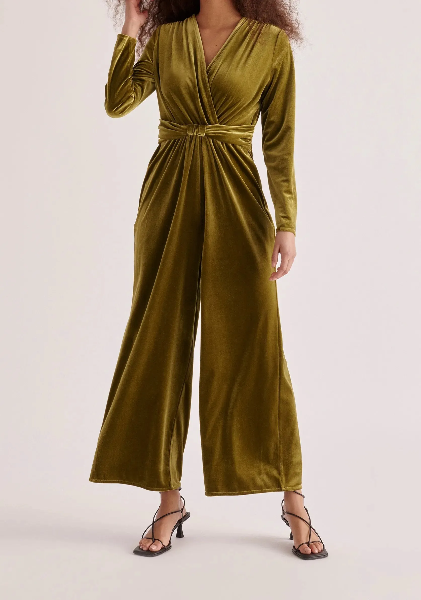 Olive Velvet Knot-Waist Jumpsuit