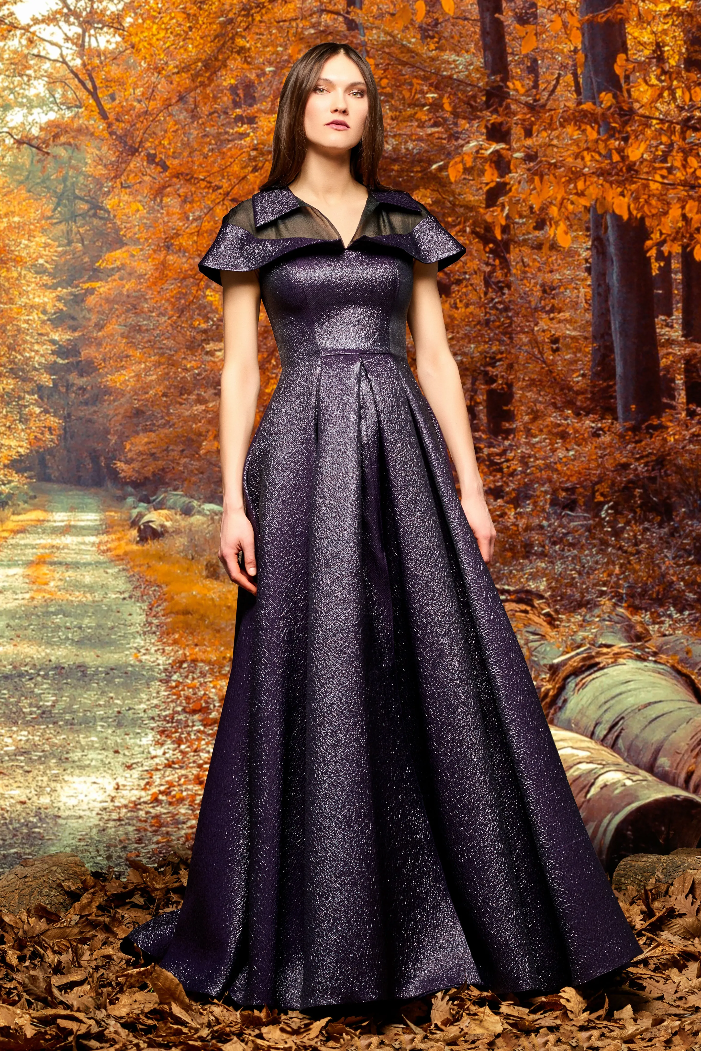Organza Neckline and Metallic Crinkle Jacquard Gown
