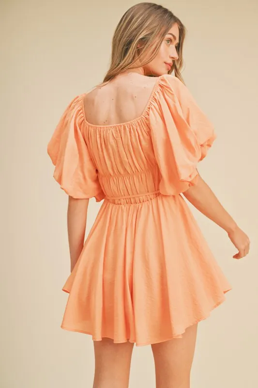 Papaya Bubble Sleeve Flared Mini Dress