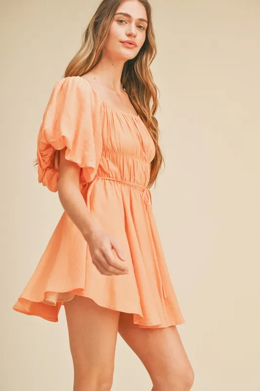 Papaya Bubble Sleeve Flared Mini Dress