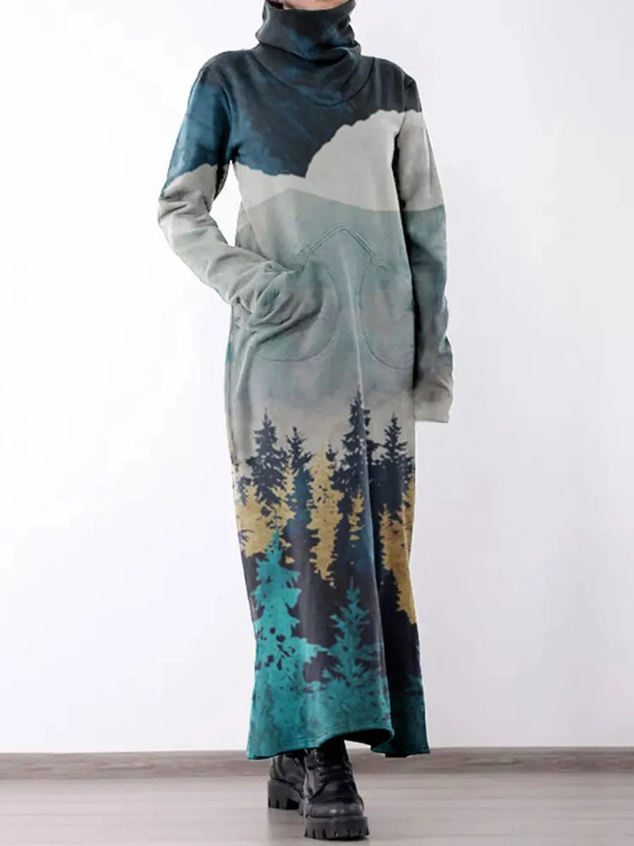 Pine Forest Turtleneck Long Casual Dress with Pockets