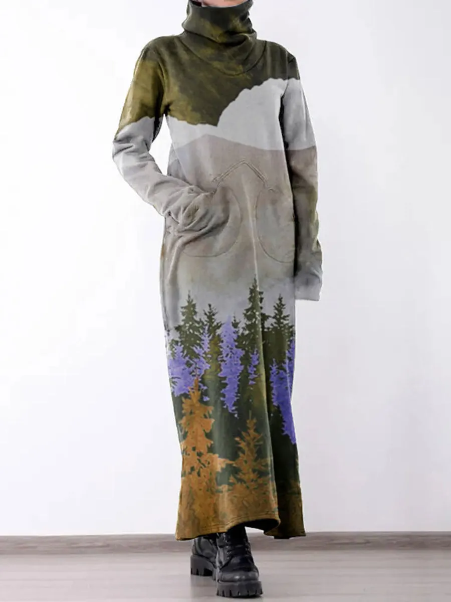 Pine Forest Turtleneck Long Casual Dress with Pockets