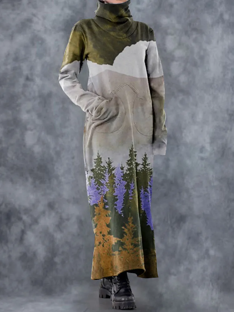 Pine Forest Turtleneck Long Casual Dress with Pockets
