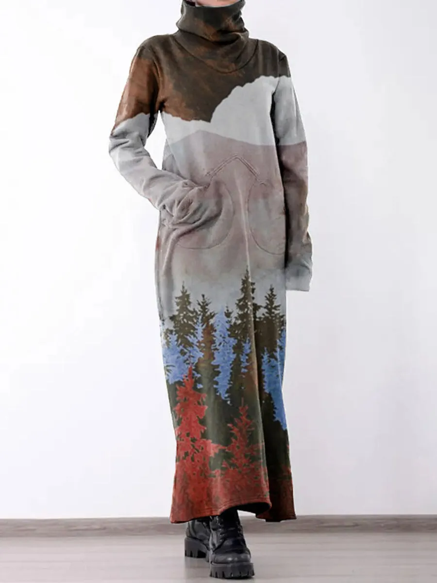 Pine Forest Turtleneck Long Casual Dress with Pockets