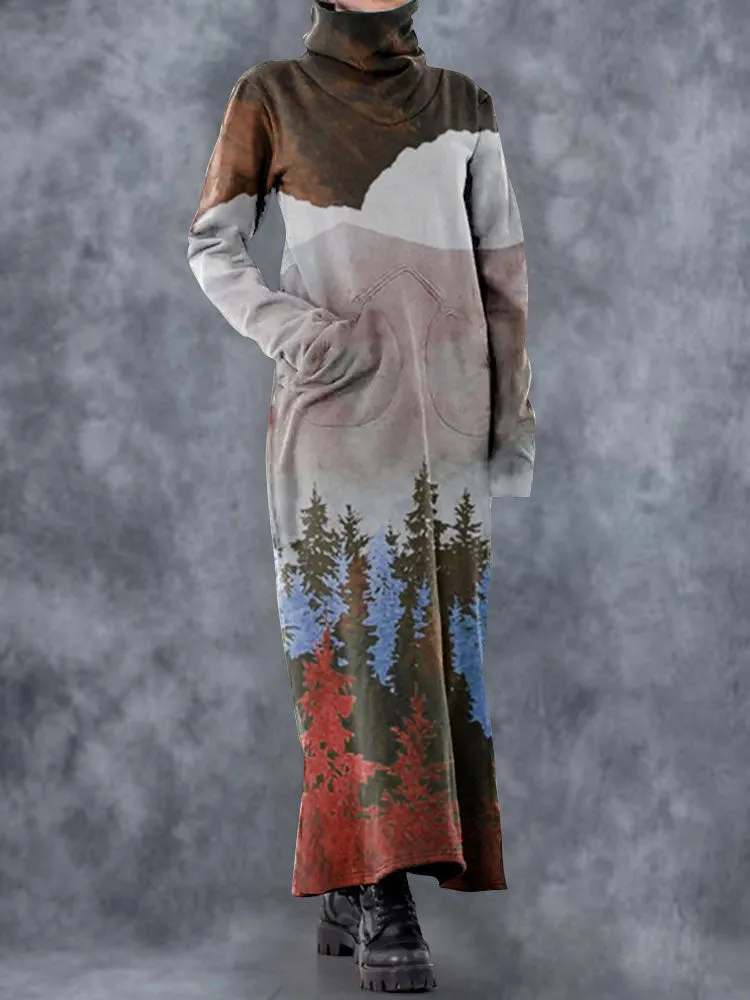 Pine Forest Turtleneck Long Casual Dress with Pockets