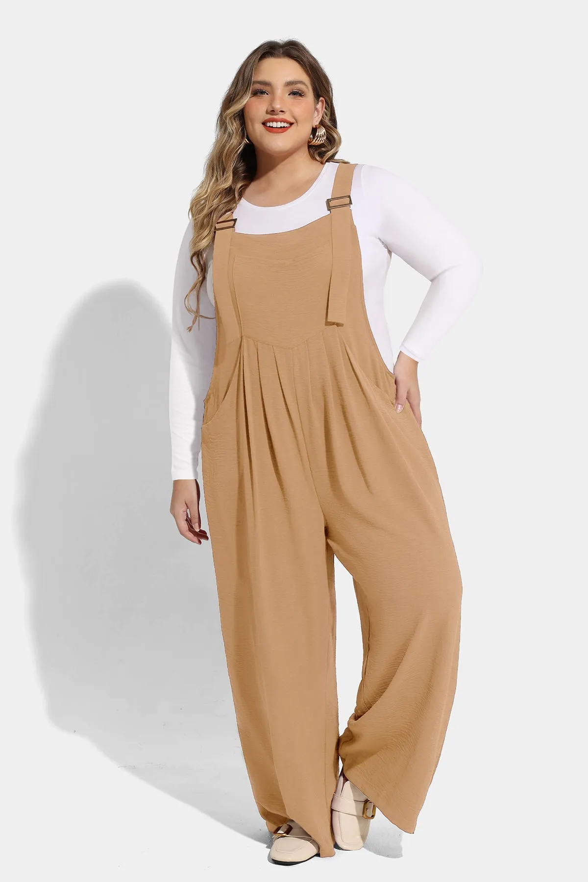 Plain Wide Leg Overalls Jumpsuit with Pockets