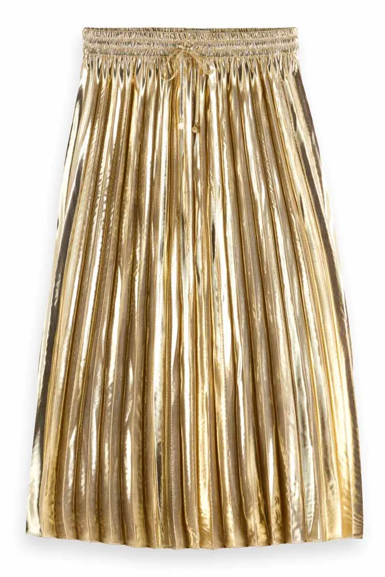 Pleated High Rise Midi Skirt in Gold