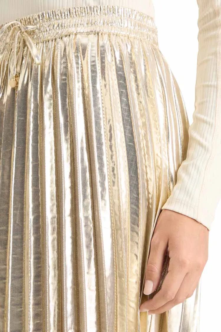 Pleated High Rise Midi Skirt in Gold