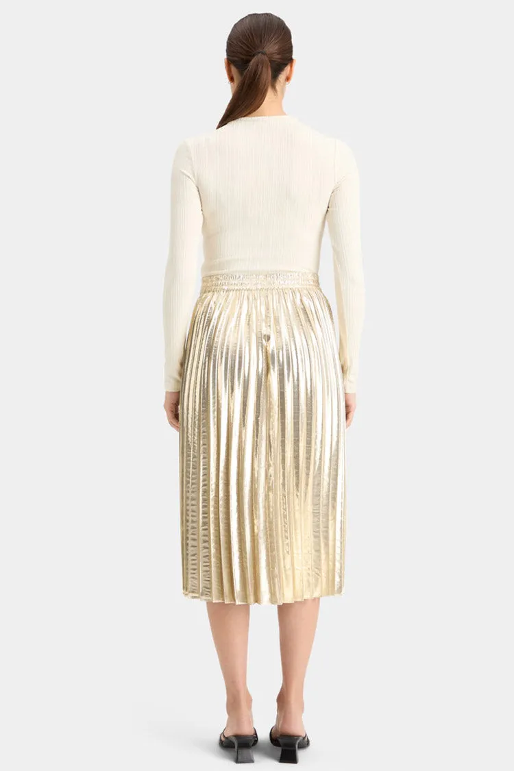 Pleated High Rise Midi Skirt in Gold