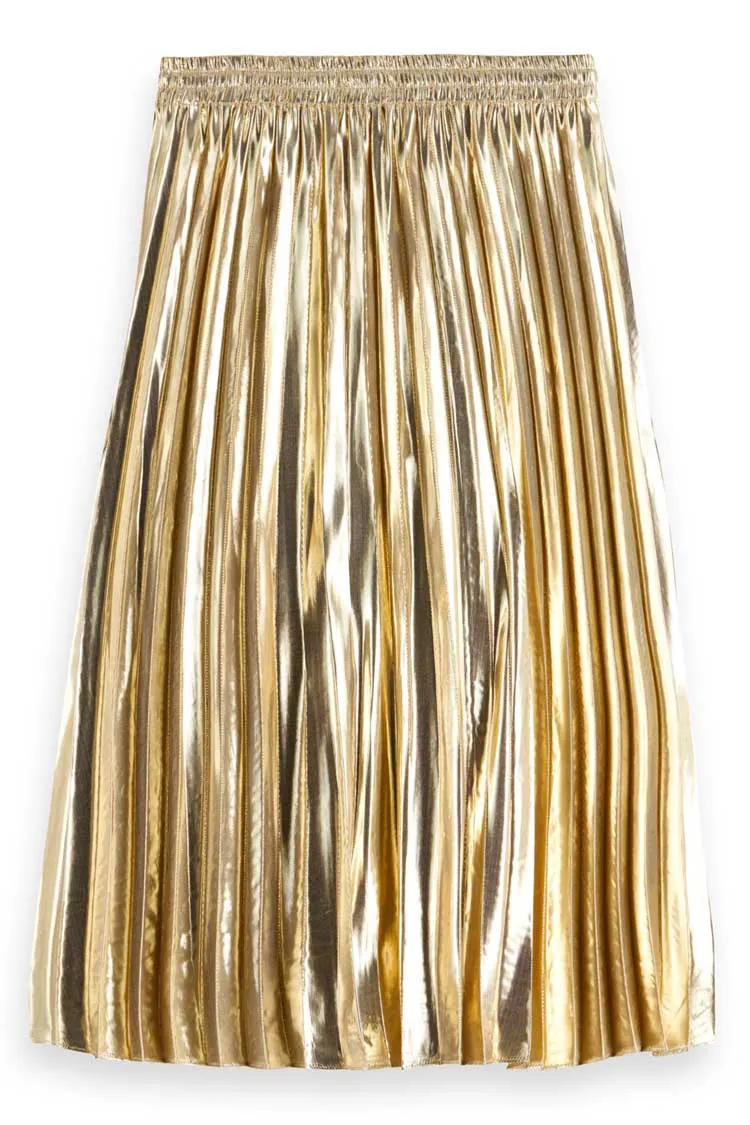 Pleated High Rise Midi Skirt in Gold