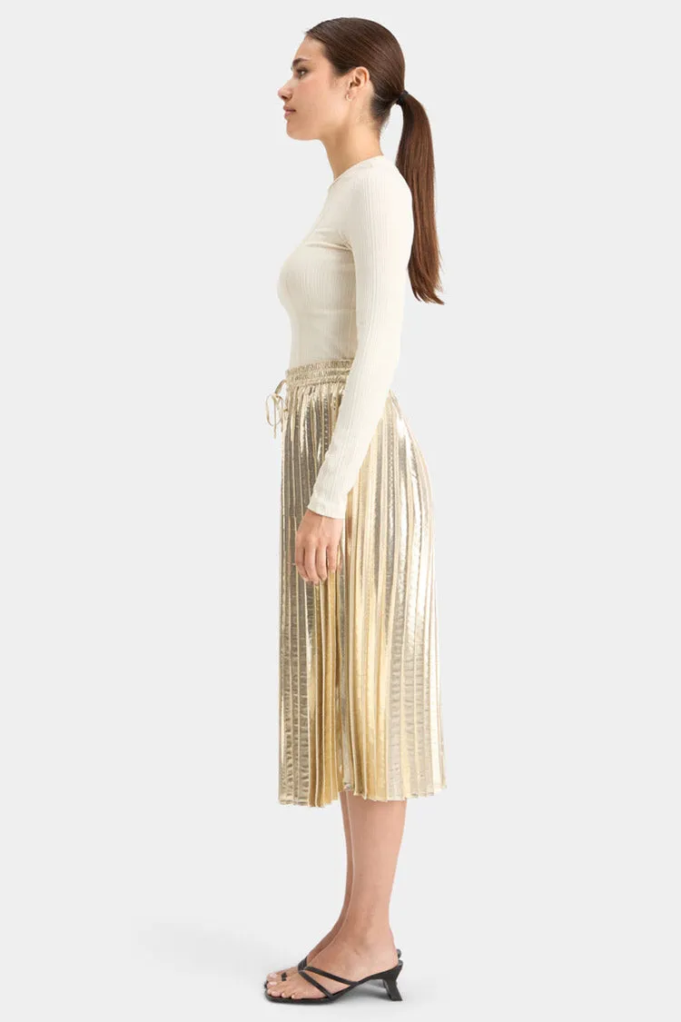 Pleated High Rise Midi Skirt in Gold