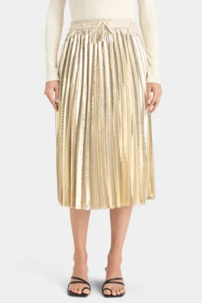 Pleated High Rise Midi Skirt in Gold