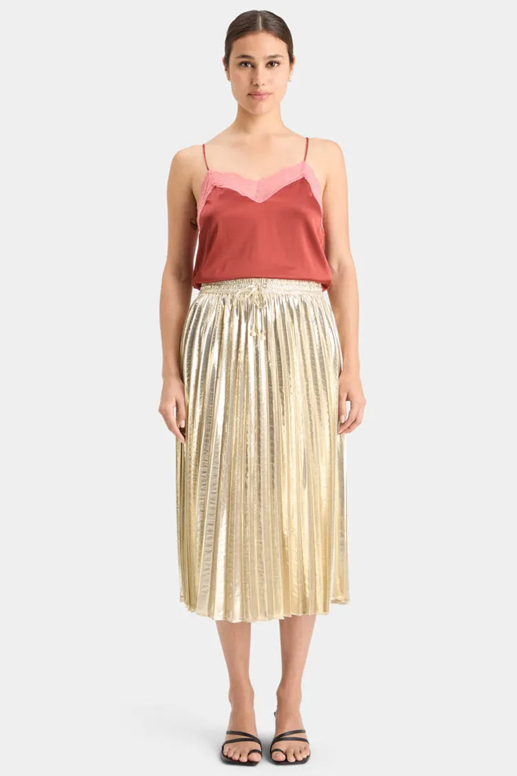 Pleated High Rise Midi Skirt in Gold