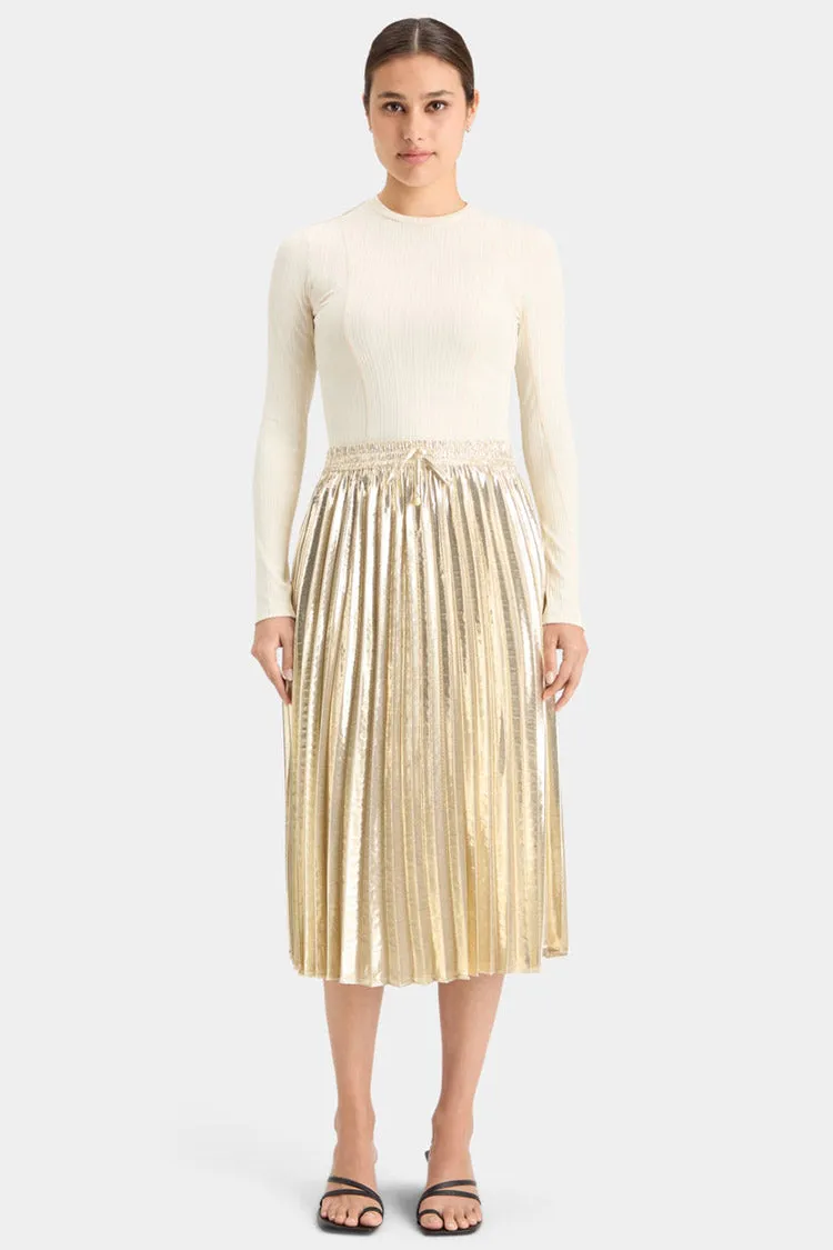Pleated High Rise Midi Skirt in Gold