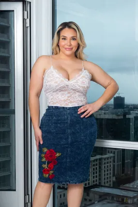 Plus Size Stretch Embroidered Flower Denim Midi Length Pencil Skirt with Back Vent (ZB4919)