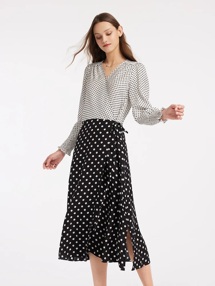 Polka Dots Slim V-Neck Wrap Maxi Dress