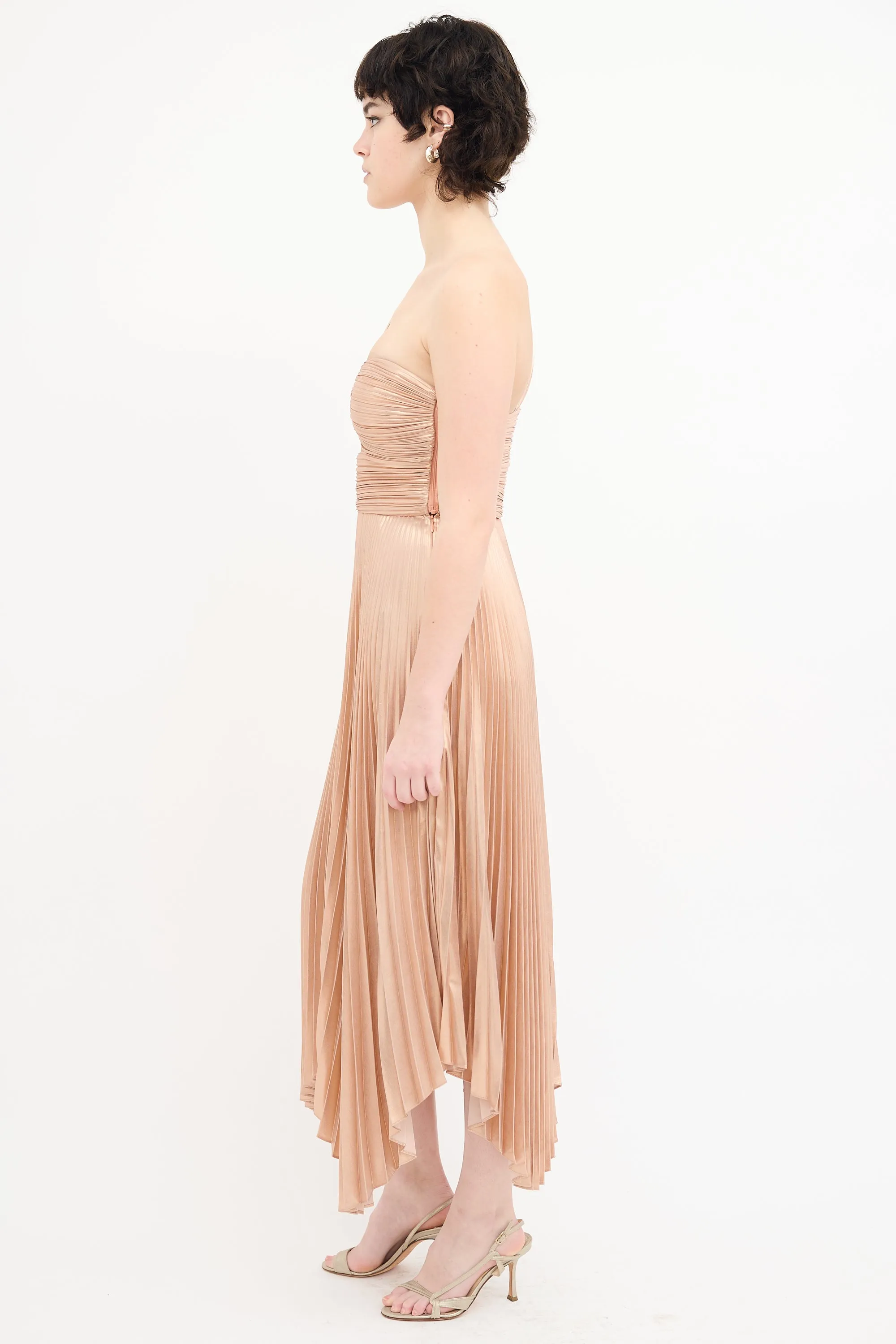Rose Gold Metallic Pleated Asymmetrical Dress