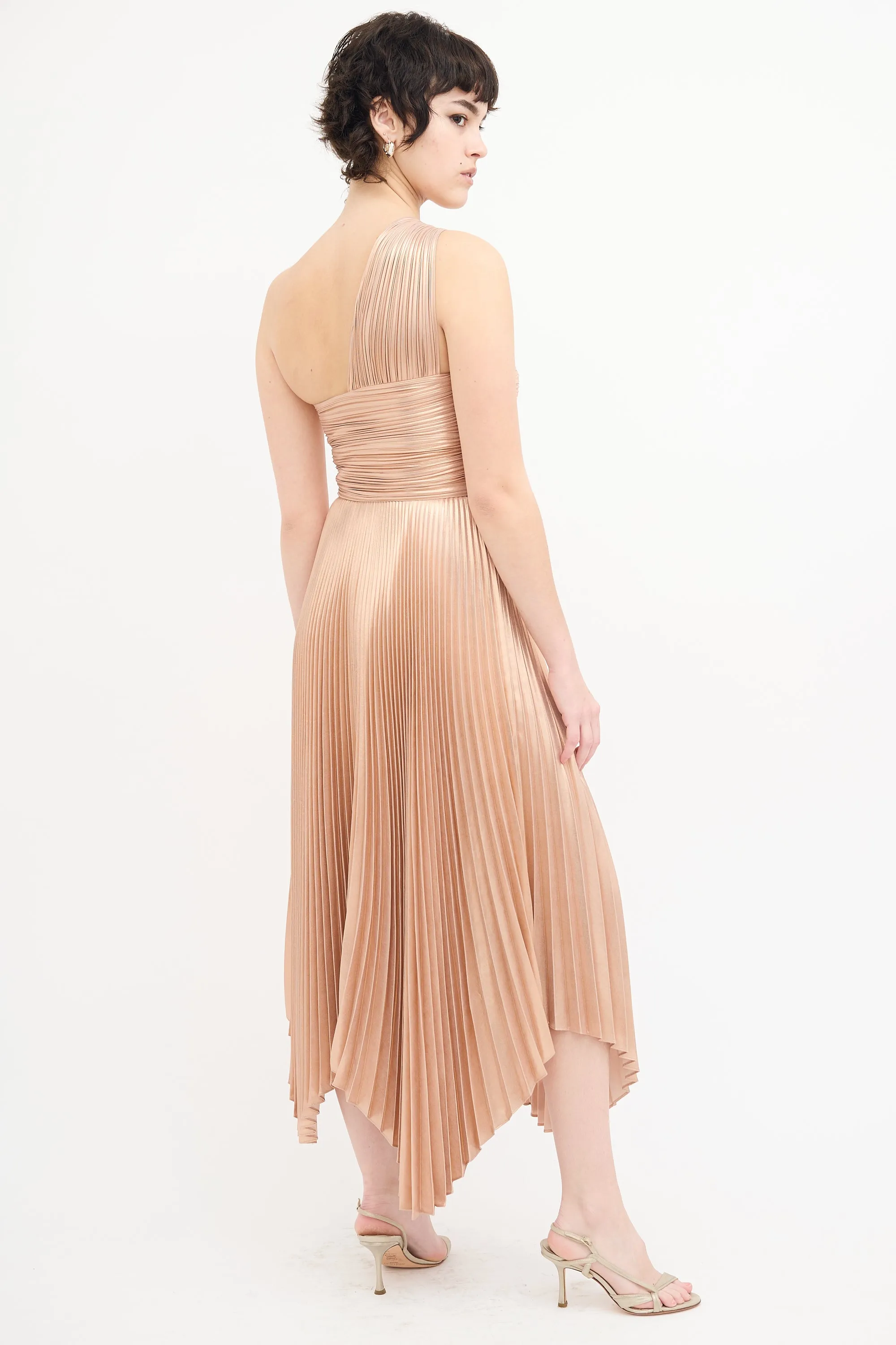 Rose Gold Metallic Pleated Asymmetrical Dress