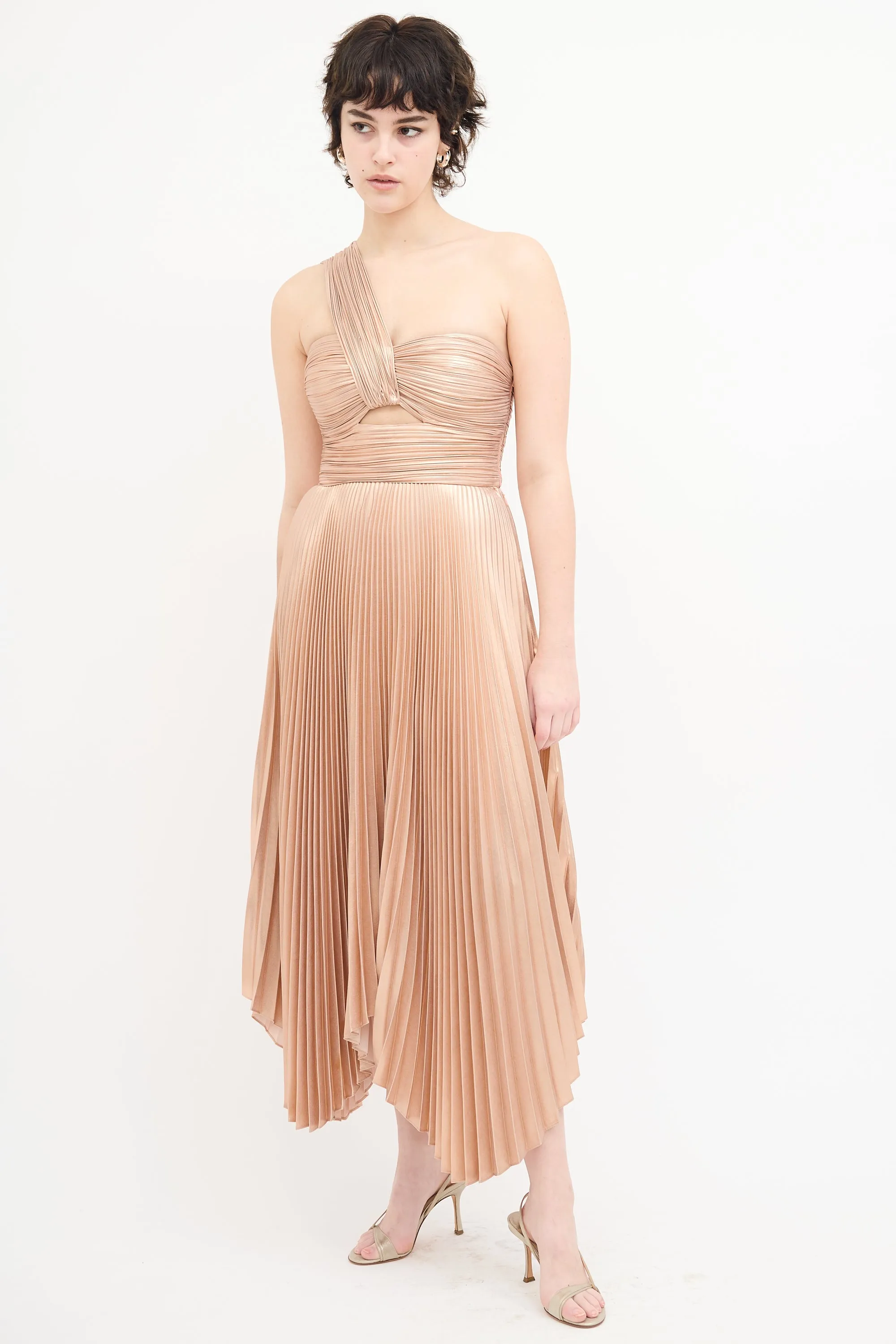 Rose Gold Metallic Pleated Asymmetrical Dress