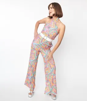 Smak Parlour 1970s Orange Wavy Daisy Psychedelic Draped Darling Jumpsuit