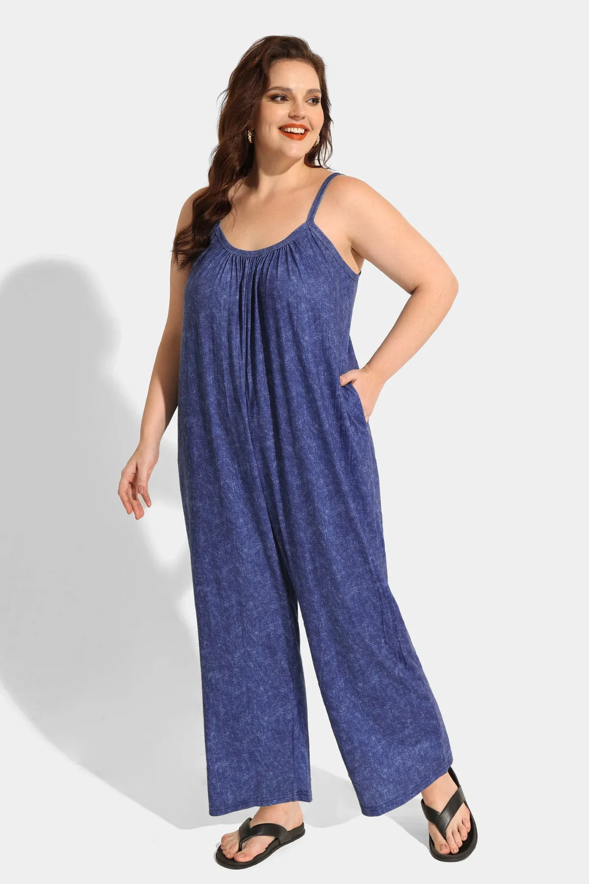 Spaghetti Strap Wide Leg Blue Jumpsuit with Pockets