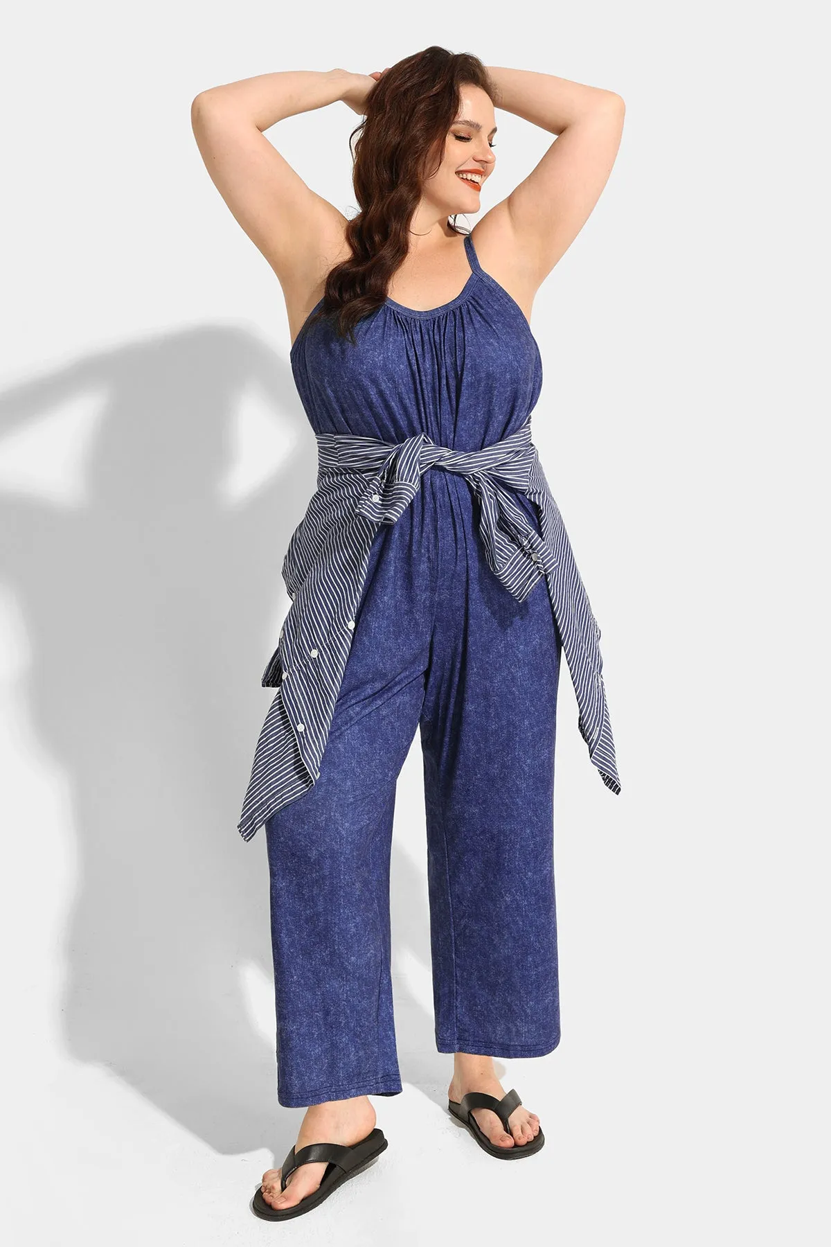 Spaghetti Strap Wide Leg Blue Jumpsuit with Pockets