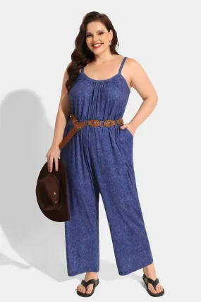 Spaghetti Strap Wide Leg Blue Jumpsuit with Pockets