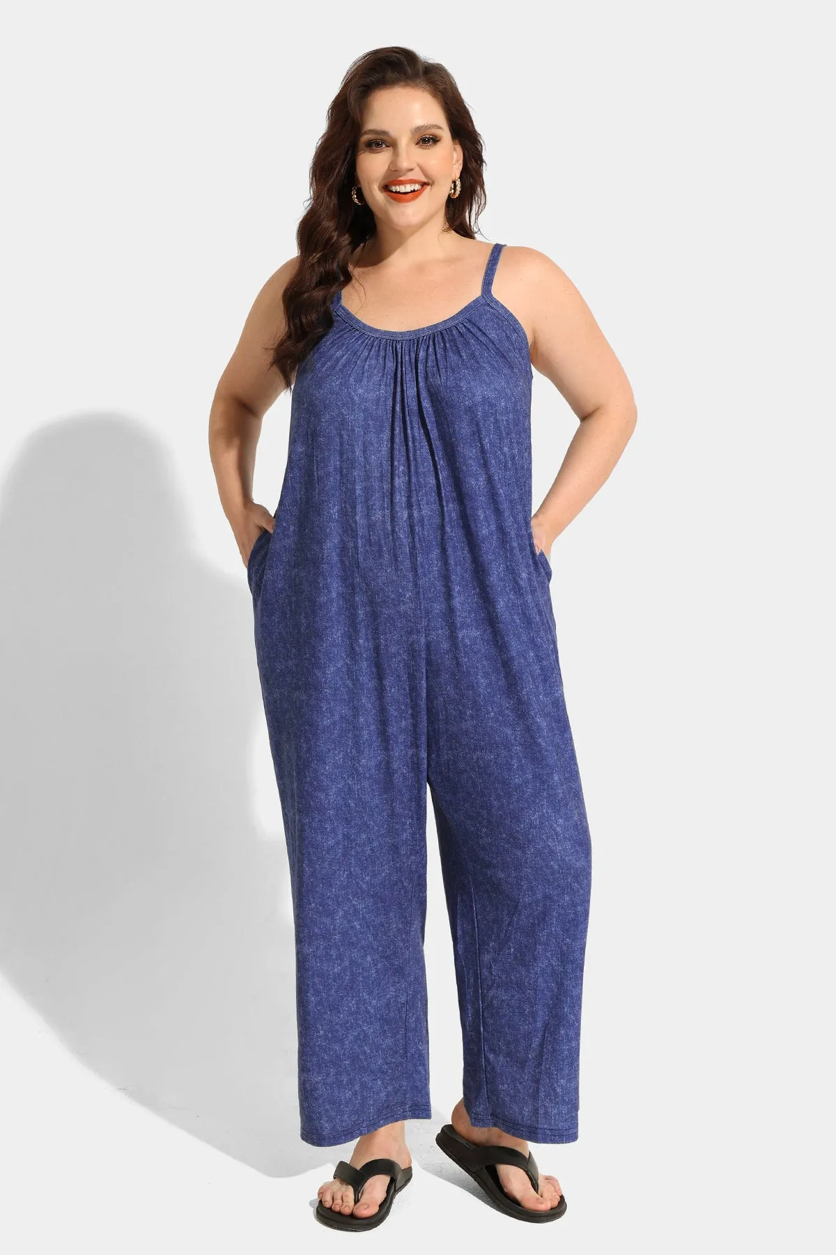 Spaghetti Strap Wide Leg Blue Jumpsuit with Pockets