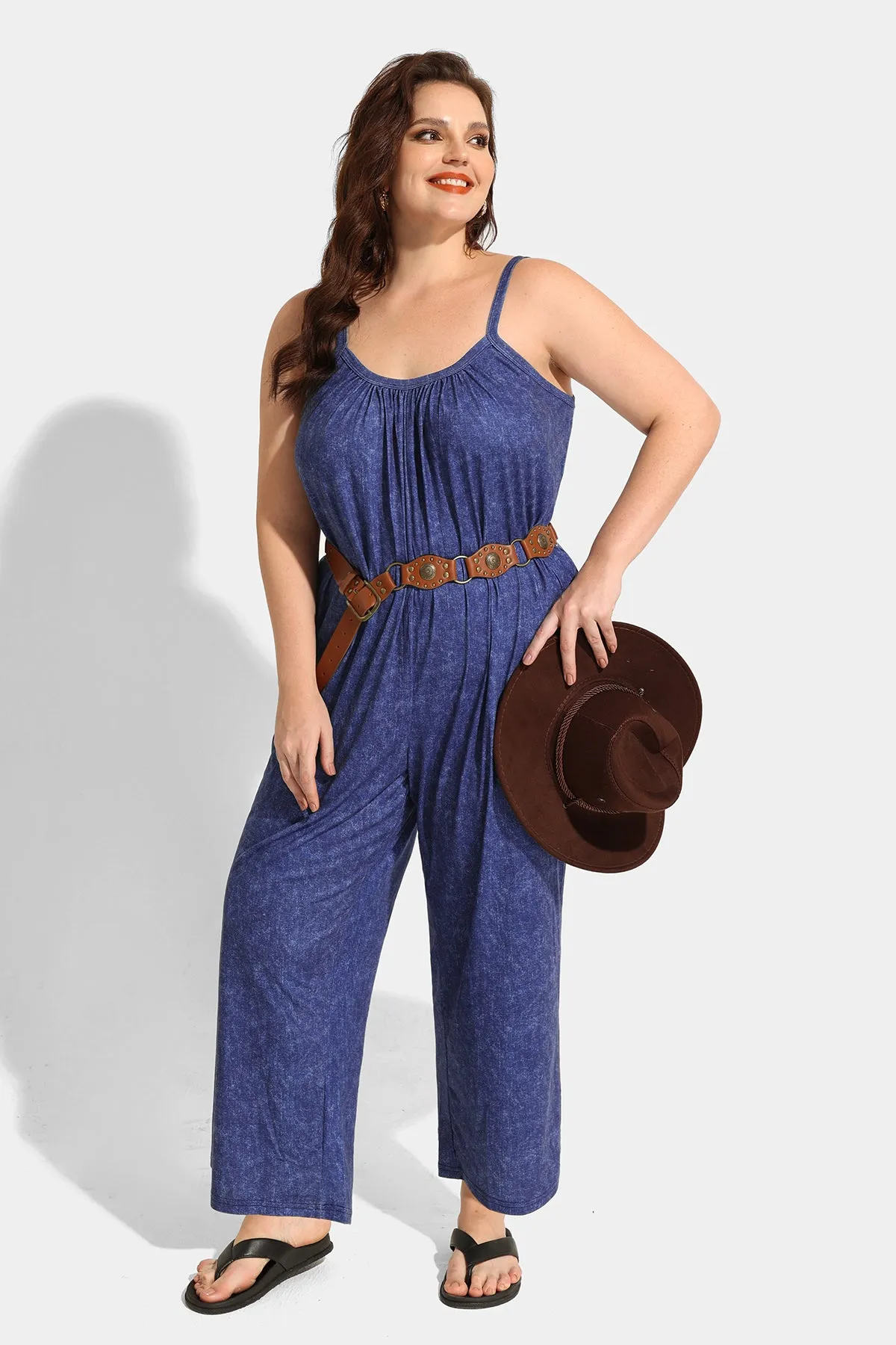 Spaghetti Strap Wide Leg Blue Jumpsuit with Pockets