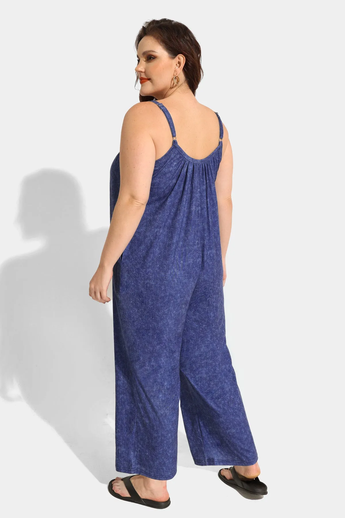 Spaghetti Strap Wide Leg Blue Jumpsuit with Pockets
