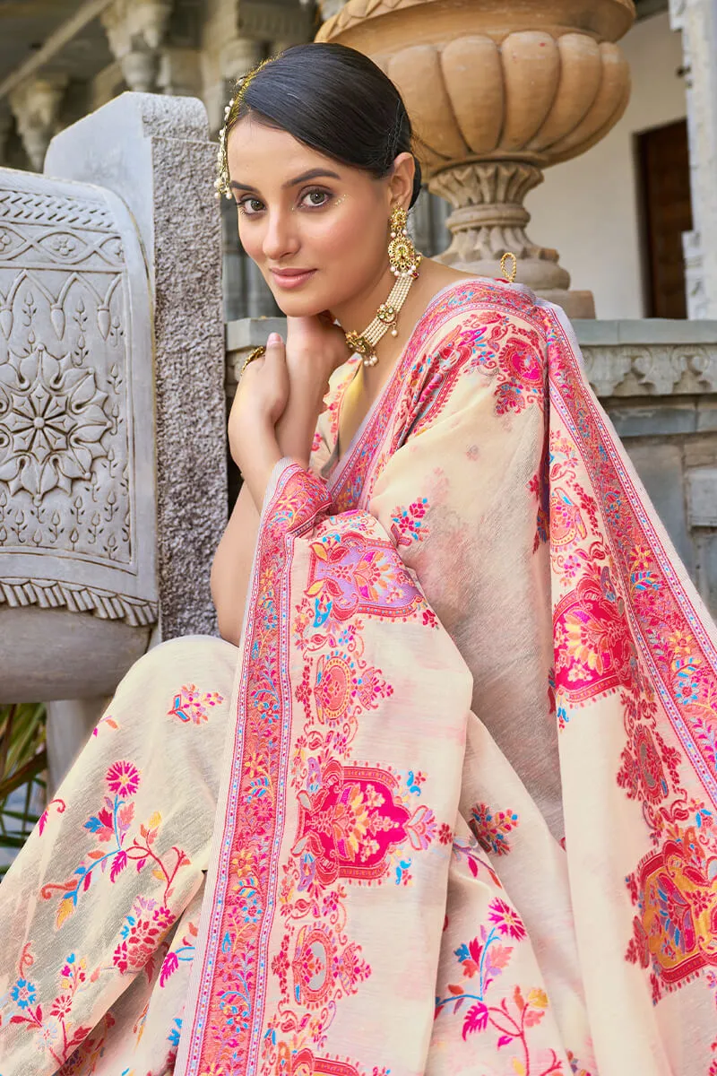 Trendy Beige Pashmina saree With Classy Blouse Piece
