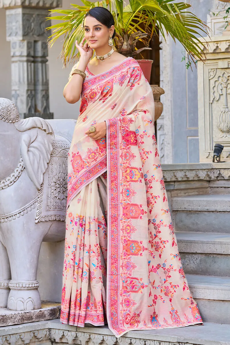 Trendy Beige Pashmina saree With Classy Blouse Piece