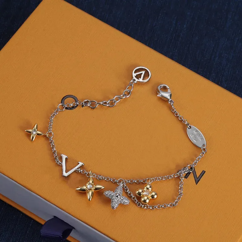 With BOX luxury bracelets designer bracelet women letter small flower silver gold plated charm bracelet inlaid crystal womens designer jewelry